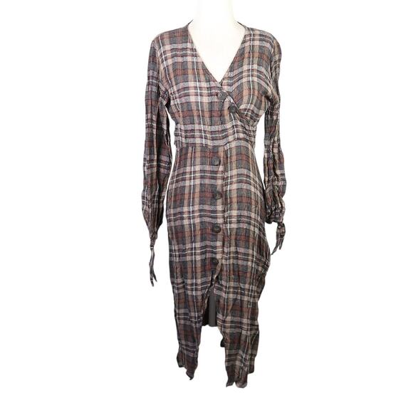 Zara Grey and Brown Plaid Wool Blend Wrap Style Midi Dress M - Picture 1 of 7